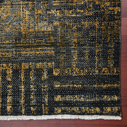 Milan Noir Abstract Grid Distressed Hand-Knotted Wool &amp; Silk Rug