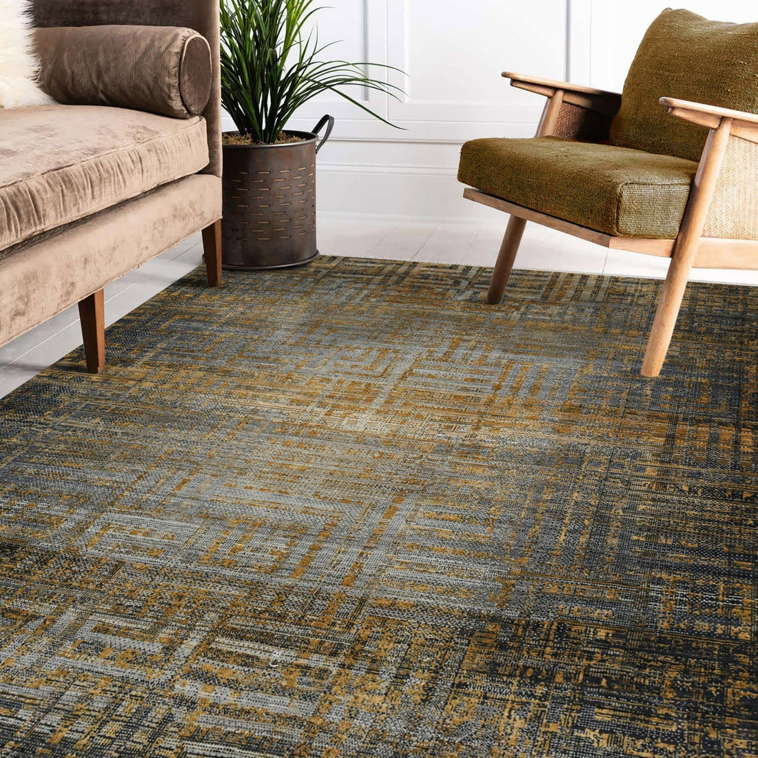 Milan Noir Abstract Grid Distressed Hand-Knotted Wool &amp; Silk Rug