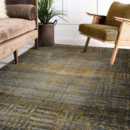 Milan Noir Abstract Grid Distressed Hand-Knotted Wool &amp; Silk Rug
