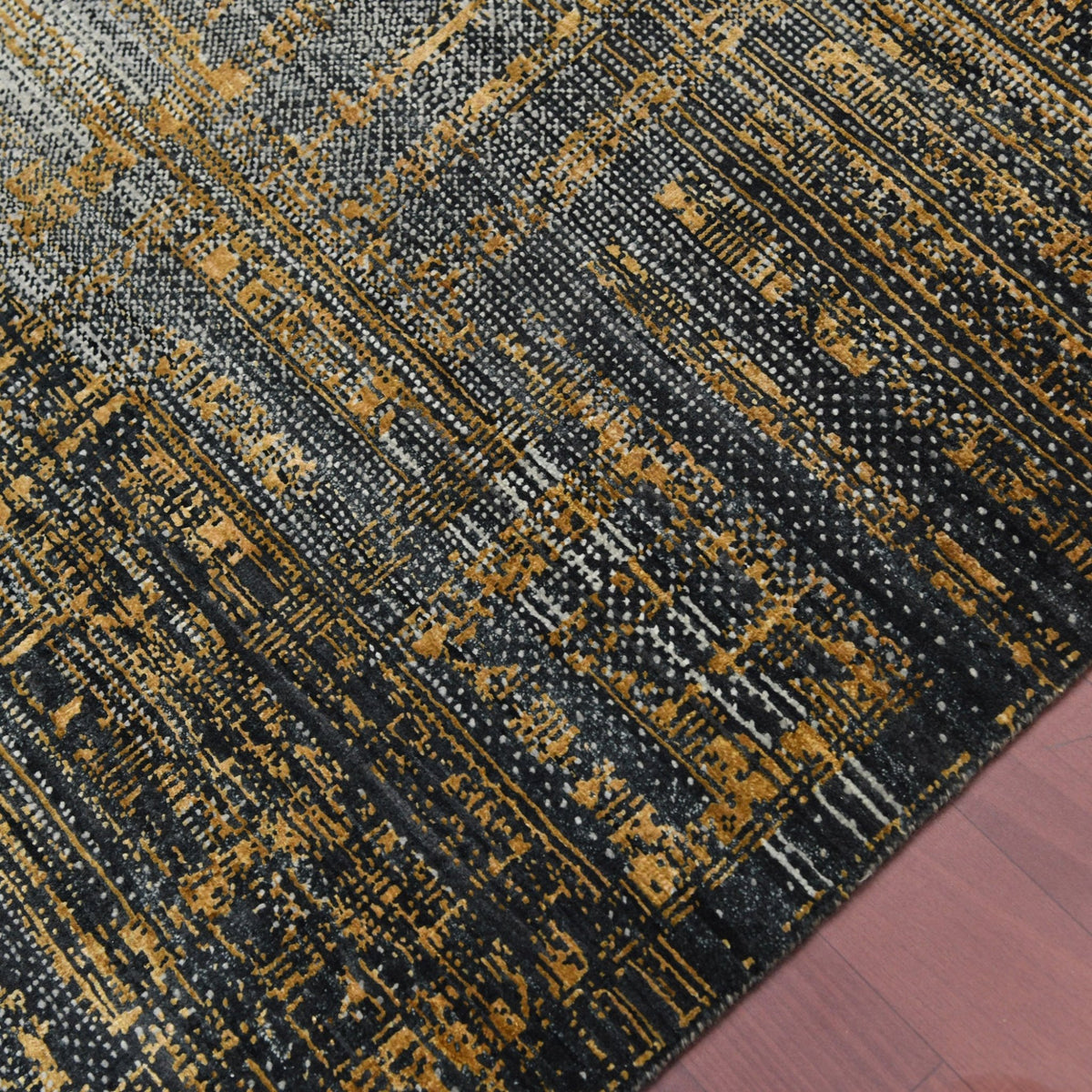 Milan Noir Abstract Grid Distressed Hand-Knotted Wool &amp; Silk Rug