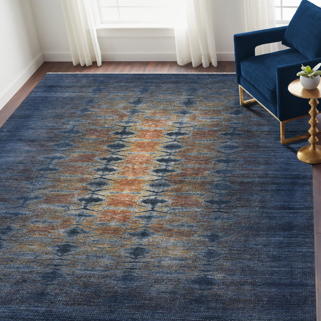 Florence Indigo Distressed Diamond Lattice Hand-Knotted Wool &amp; Silk Rug