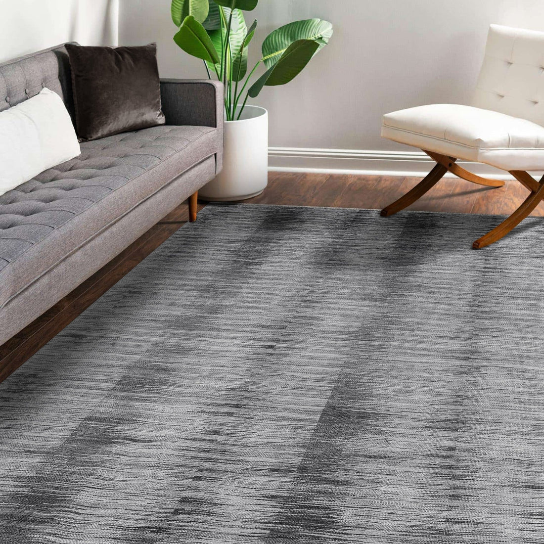 Copenhagen Ash Abstract Strie Linear Hand-Knotted Wool &amp; Silk Rug