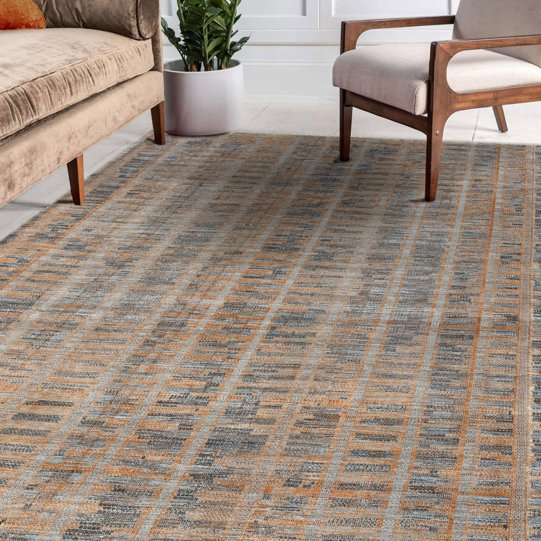 Geneva Amber Abstract Windowpane Grid Hand-Knotted Wool &amp; Silk Rug