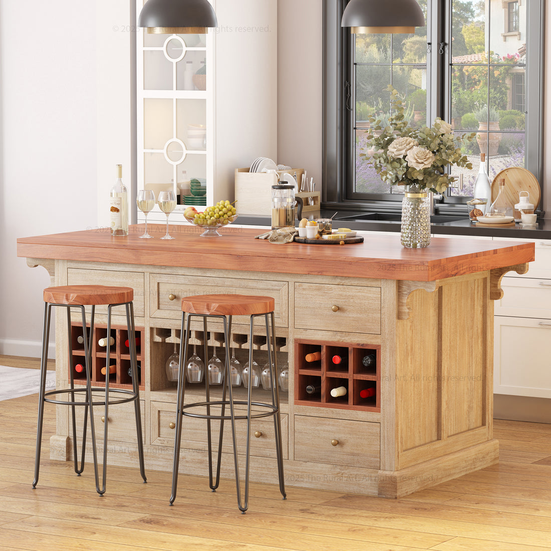 Sunbury Solid Wood Kitchen Island with Wine Rack &amp; Dual-Sided Storage