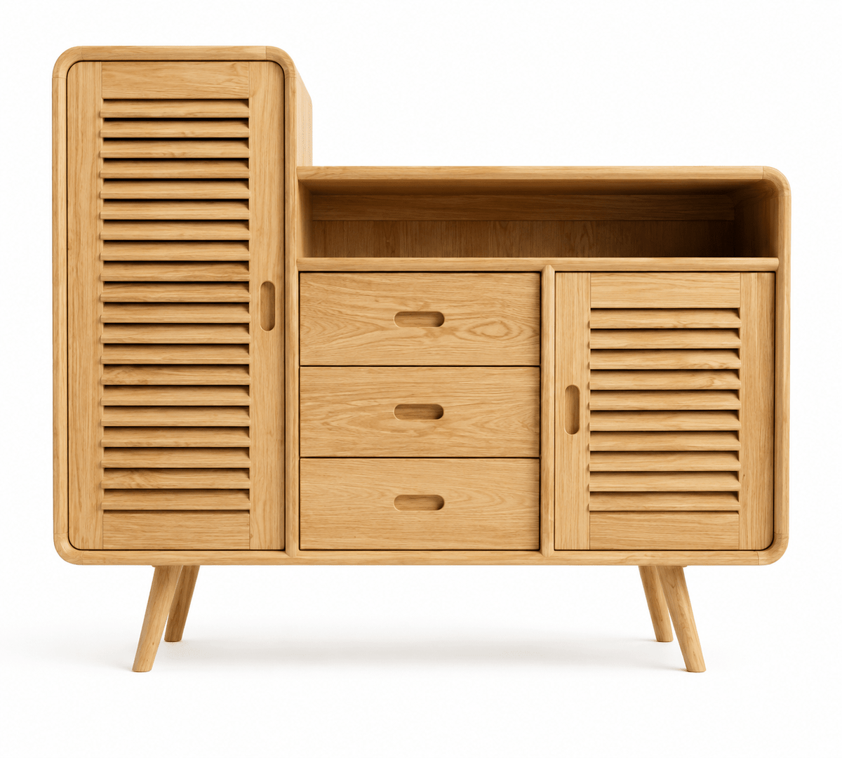 Helena Solid Wood Louvered Sideboard with Drawers &amp; Open Shelf