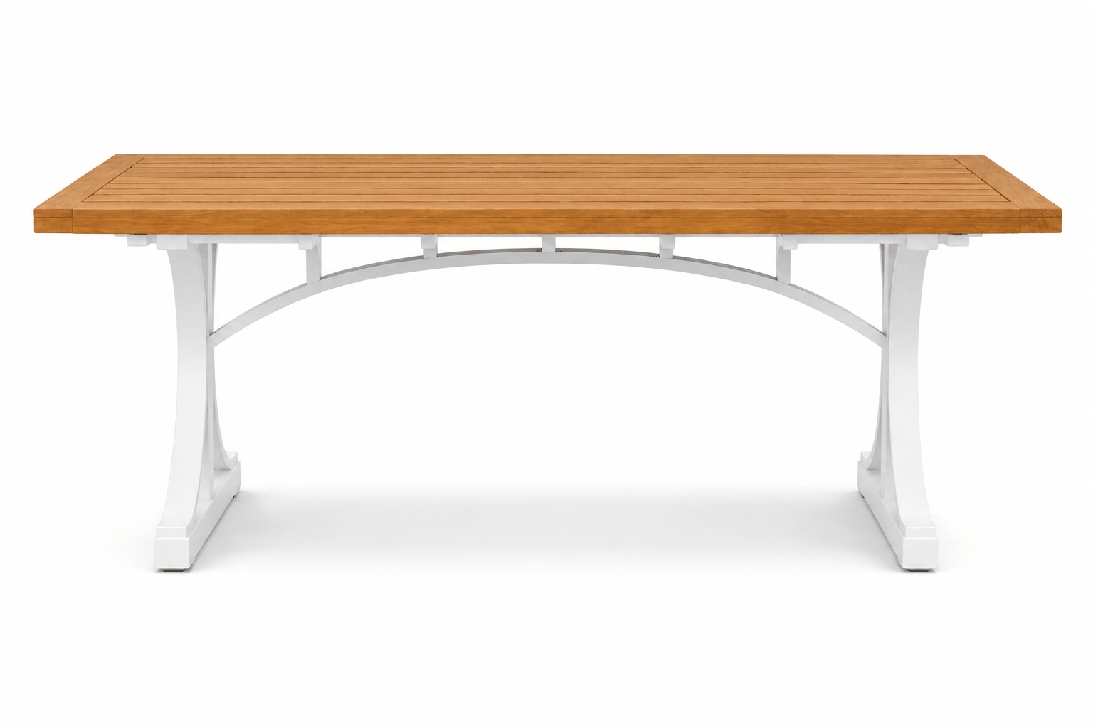 Troy Dual-Tone Solid Teak Wood Dining Table with Slatted Top &amp; Sculptural Arched Trestle Base