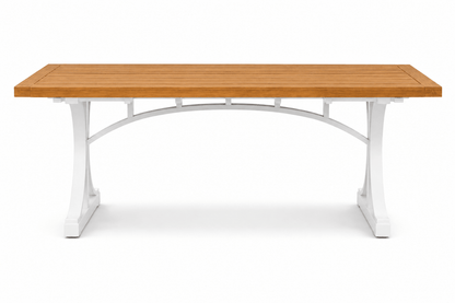 Troy Dual-Tone Solid Teak Wood Dining Table with Slatted Top &amp; Sculptural Arched Trestle Base