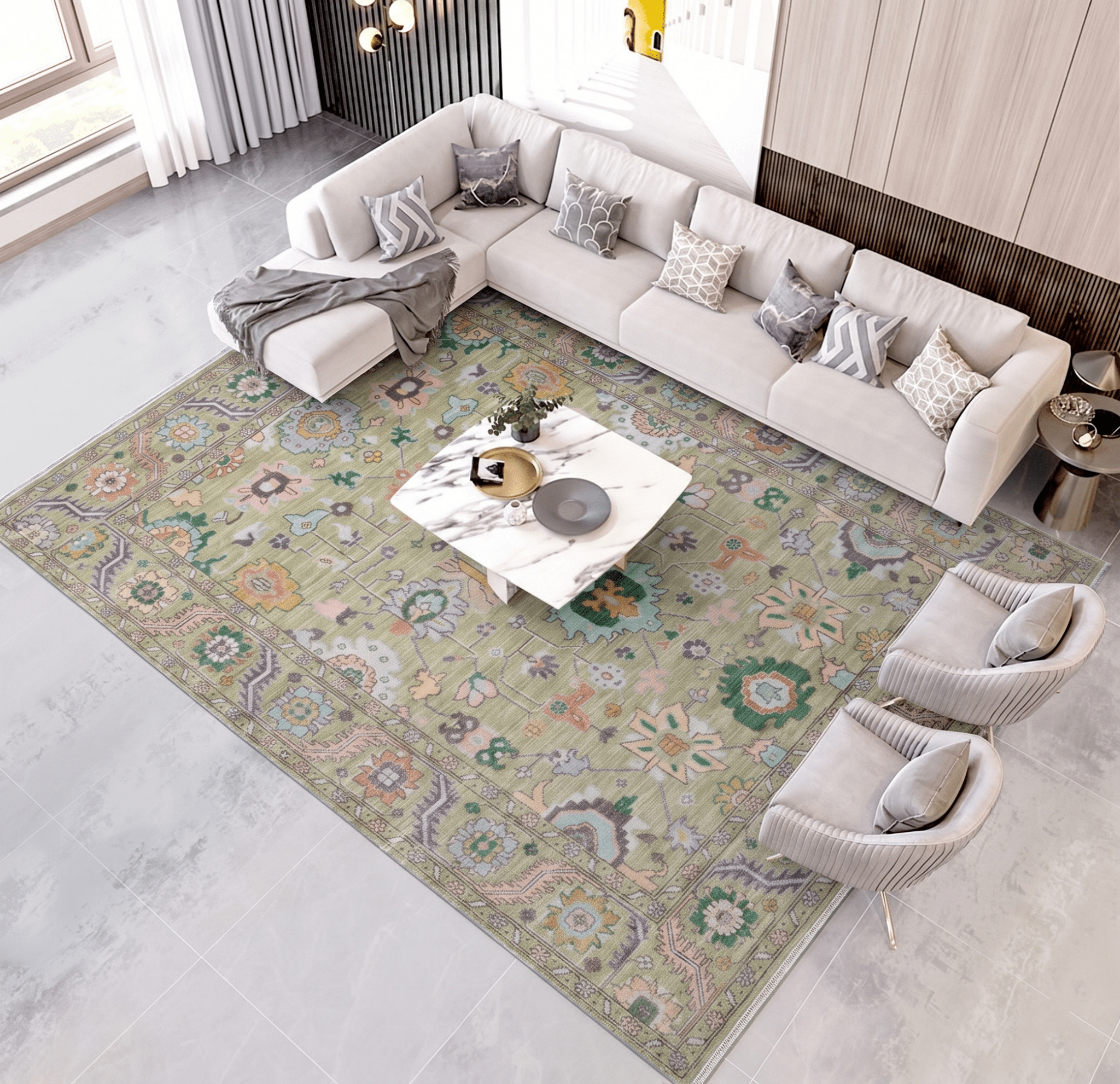 Dilkush Hand-Knotted Wool Oushak Rug in Sage Green &amp; Soft Yellow