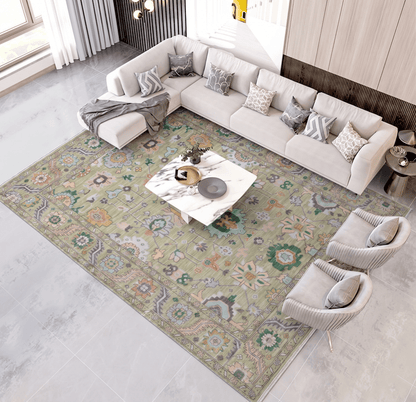 Dilkush Hand-Knotted Wool Oushak Rug in Sage Green &amp; Soft Yellow