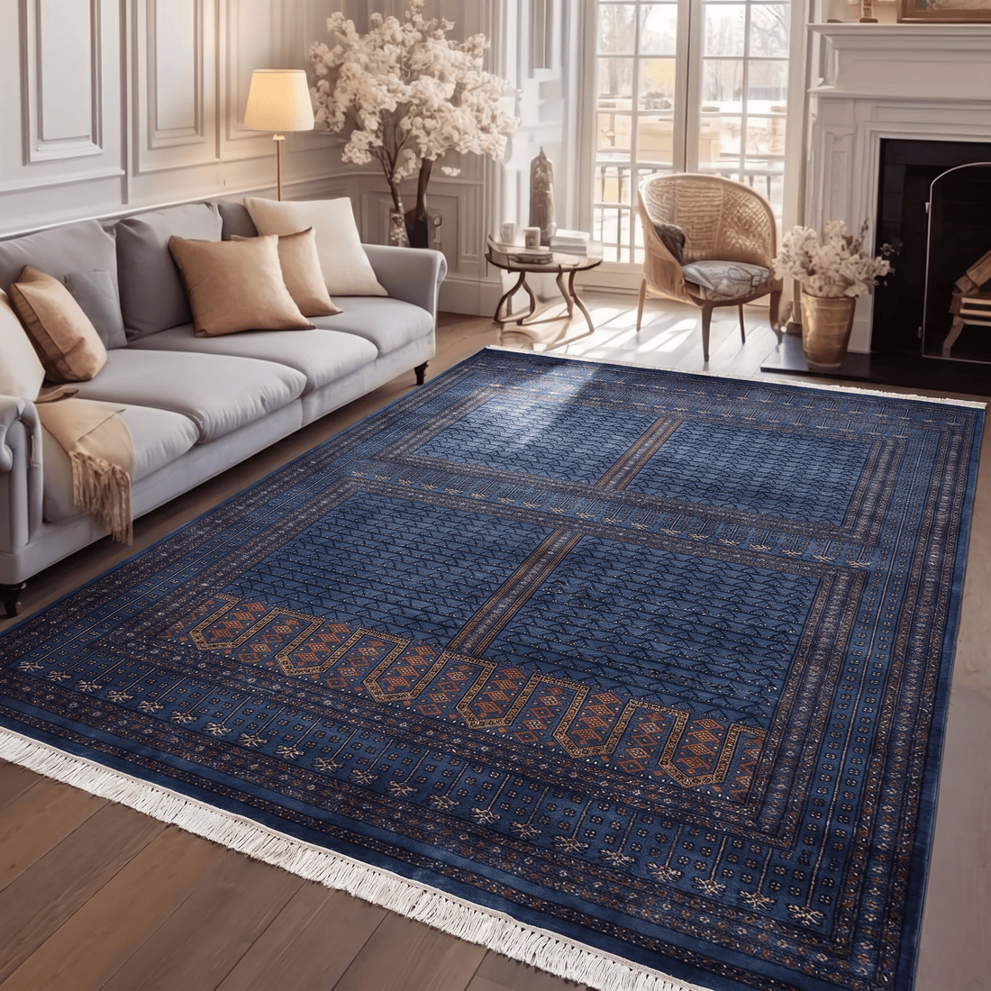 Savannah Prussian Blue Hand-Knotted Wool Rug Traditional Artisan Carpet