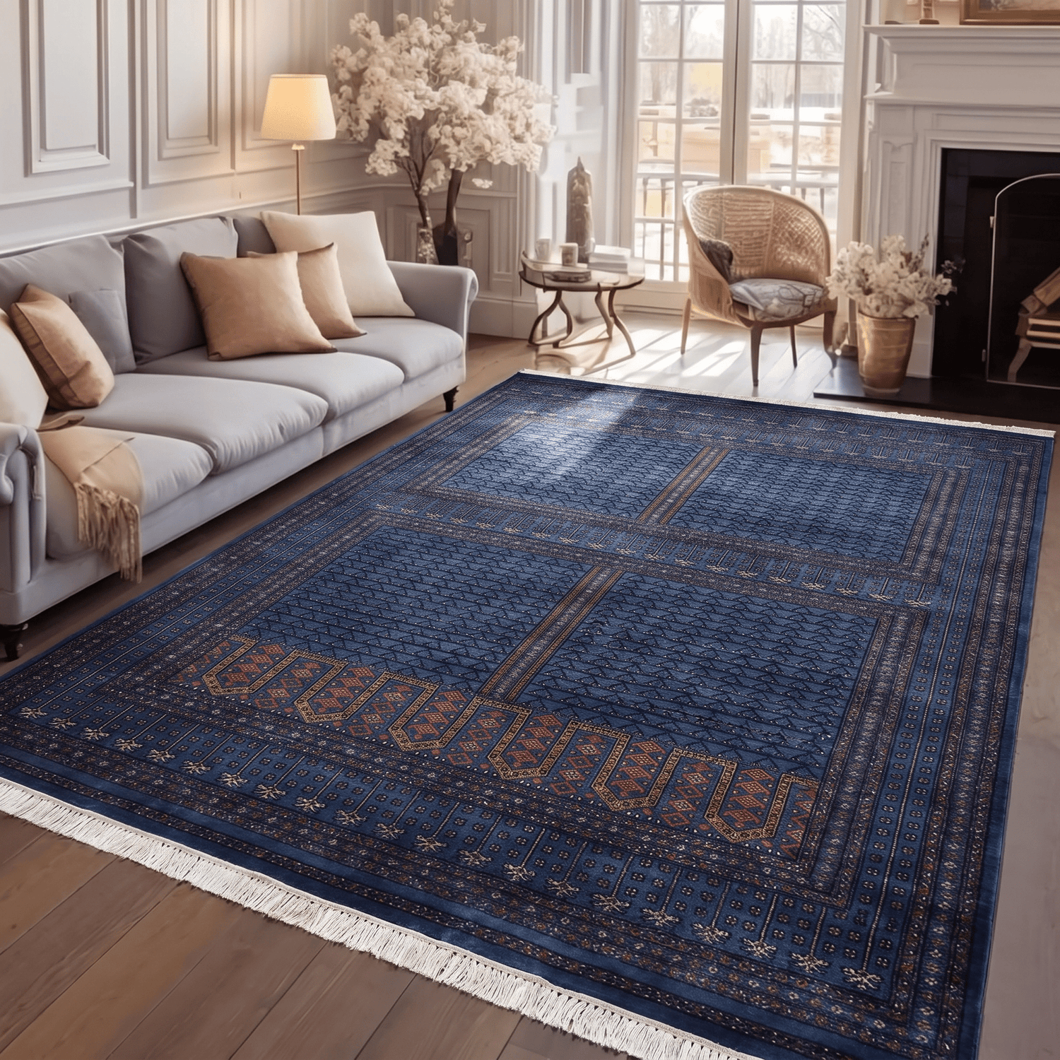 Savannah Prussian Blue Hand-Knotted Wool Rug Traditional Artisan Carpet