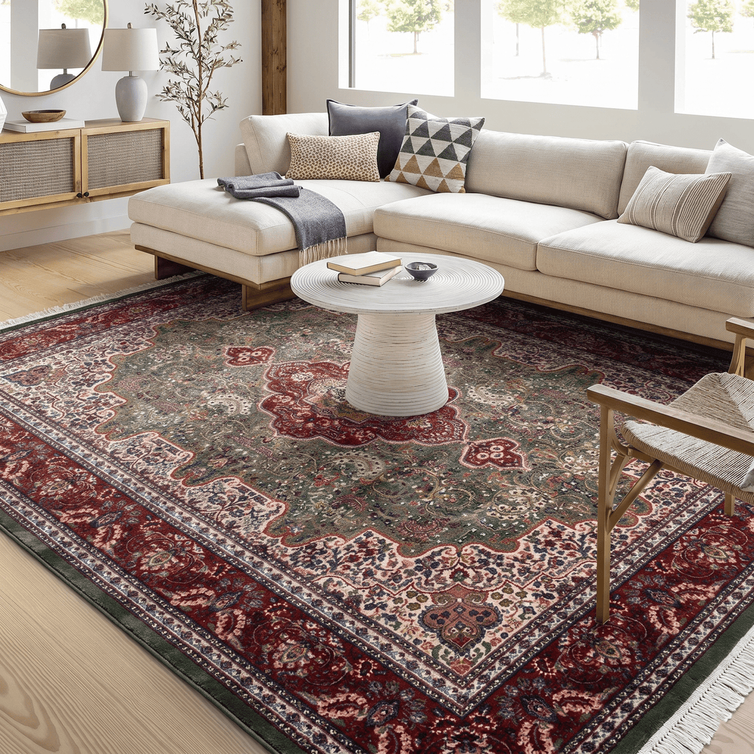 Asheville Hand-Knotted Wool Oriental Rug Sage Green, Crimson &amp; Ivory