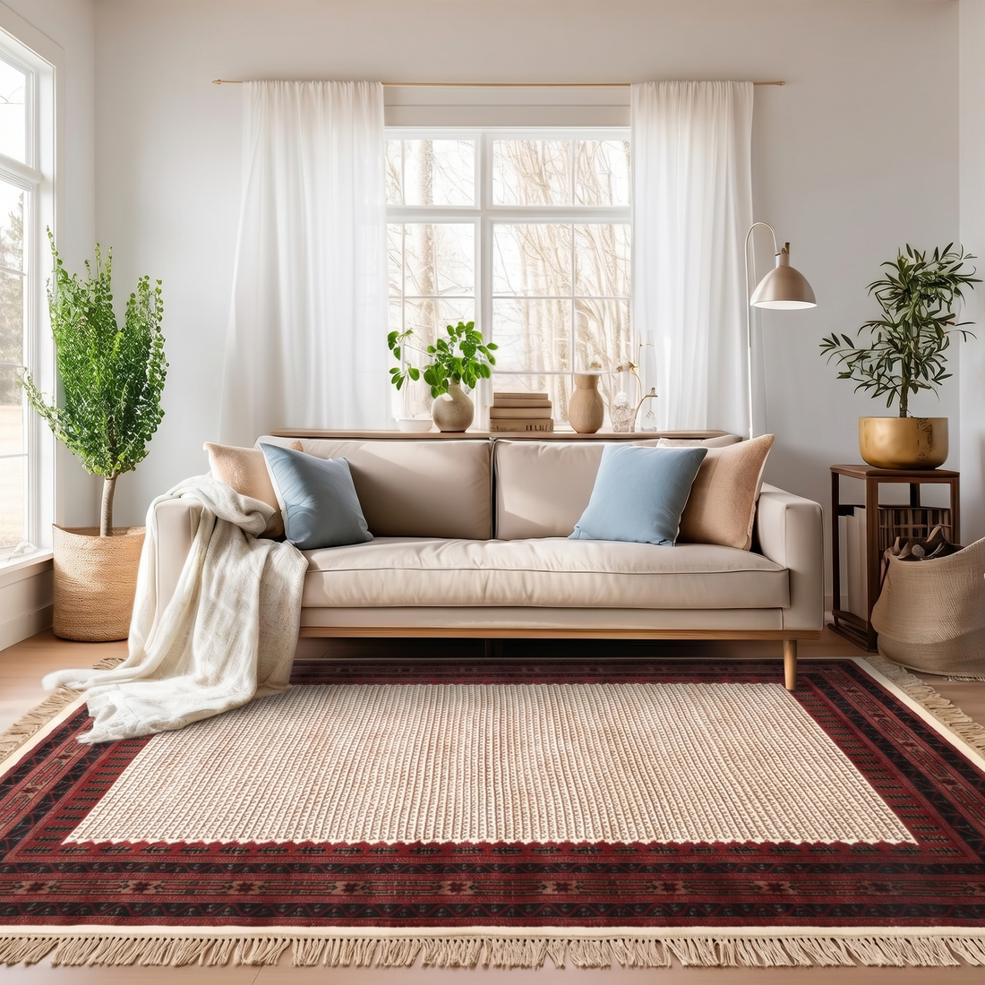 Sedona Hand-Knotted Wool Tribal Rug – Cream &amp; Rust | Medium Pile Mild Soft Finish