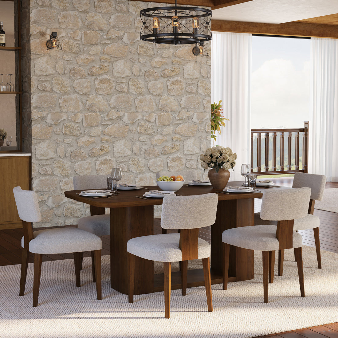 Selma Modern Solid Wood Dining Table Set with Boucle Upholstered Chairs