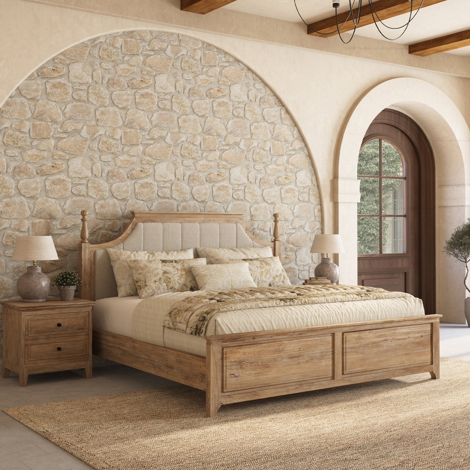 Anniston Solid Wood Bed and Nightstand Set with Upholstered Headboard