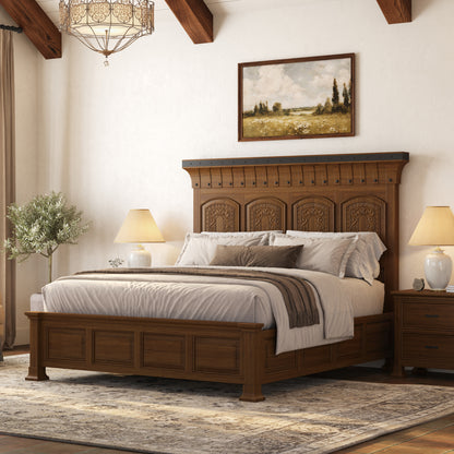 Prescott Grand Heritage Solid Wood Bed with Hand-Carved Panel Headboard