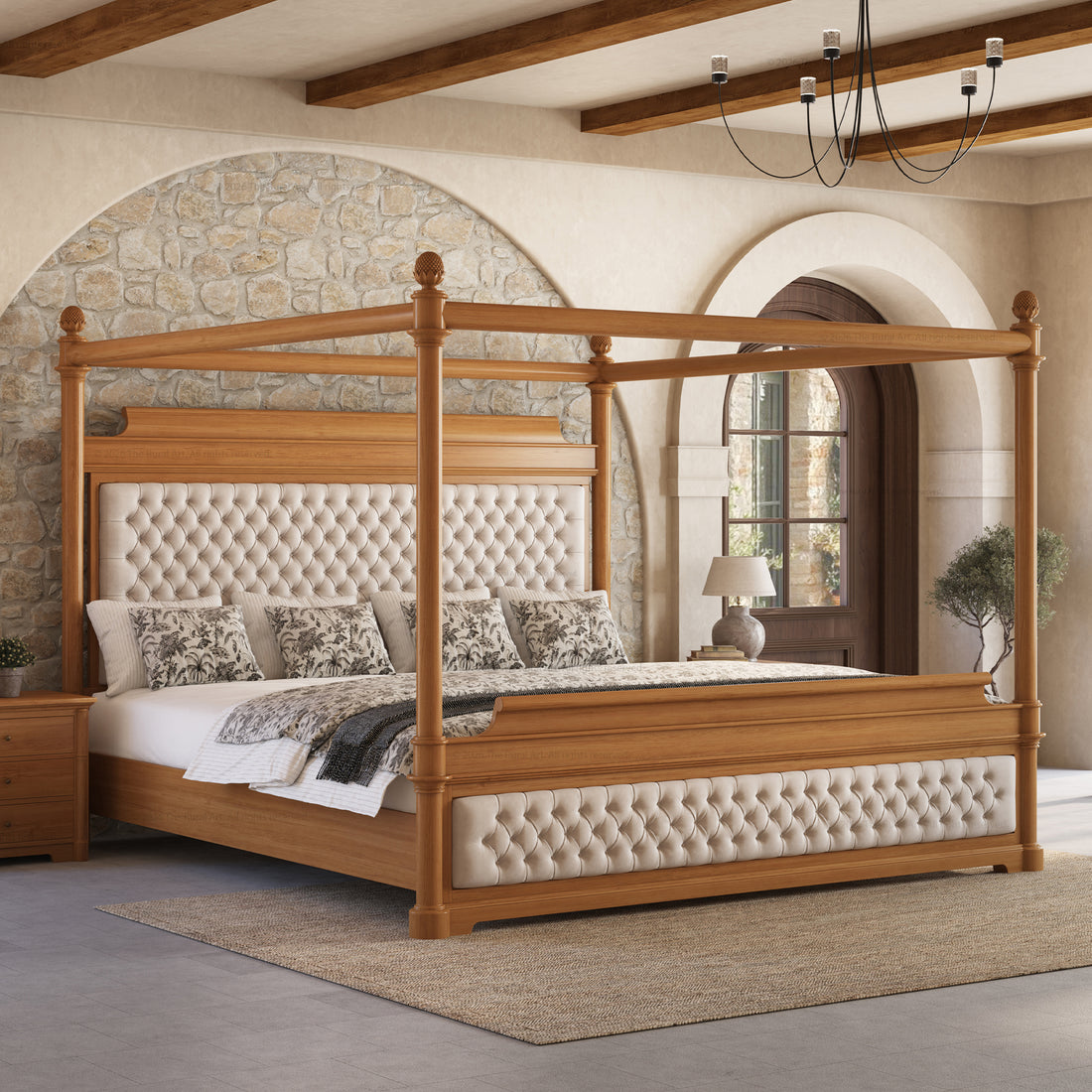 Abilene Four Poster Canopy Solid Wood Bed with Tufted Upholstered Headboard & Footboard