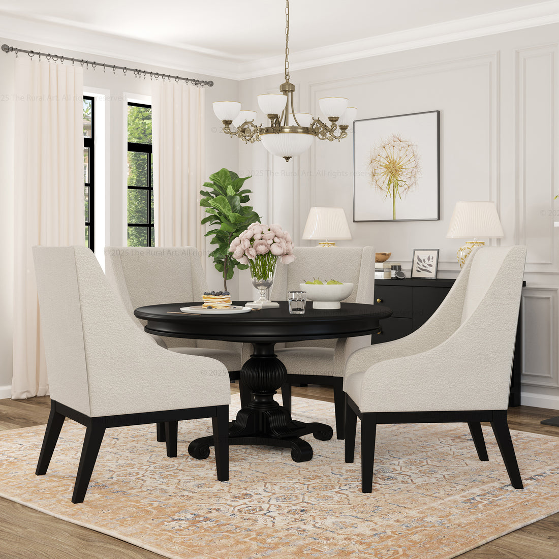 Phoenix Solid Wood Pedestal Dining Table &amp; Upholstered Armchair Set