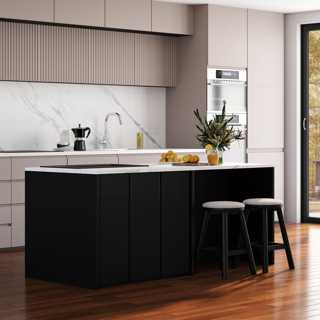 Sonoma Fluted 84&quot; Kitchen Island with Sink Cut-Out &amp; Matching Stools