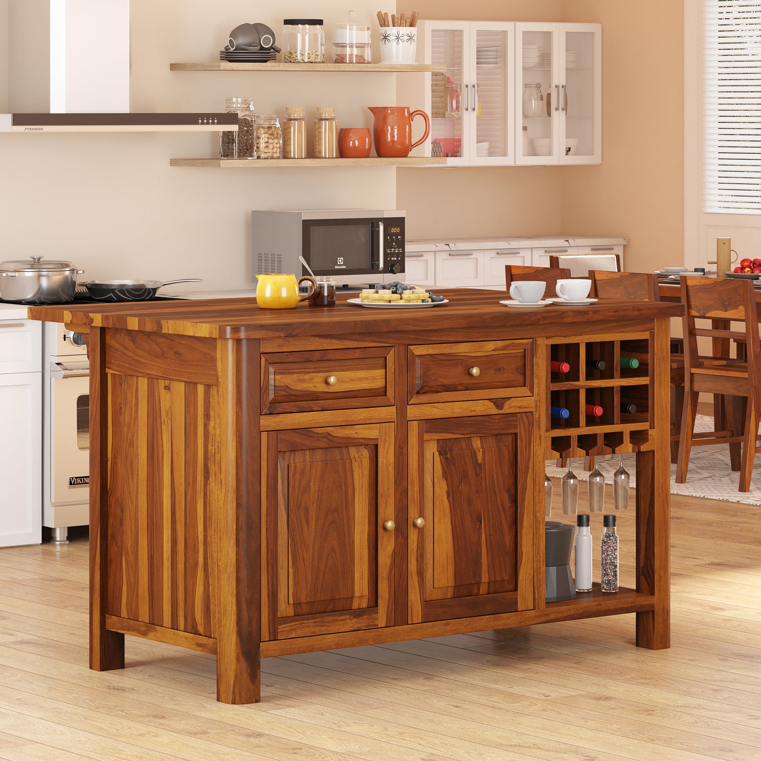 Trenton Solid Wood Kitchen Island – Drop Leaf Countertop &amp; Wine Storage