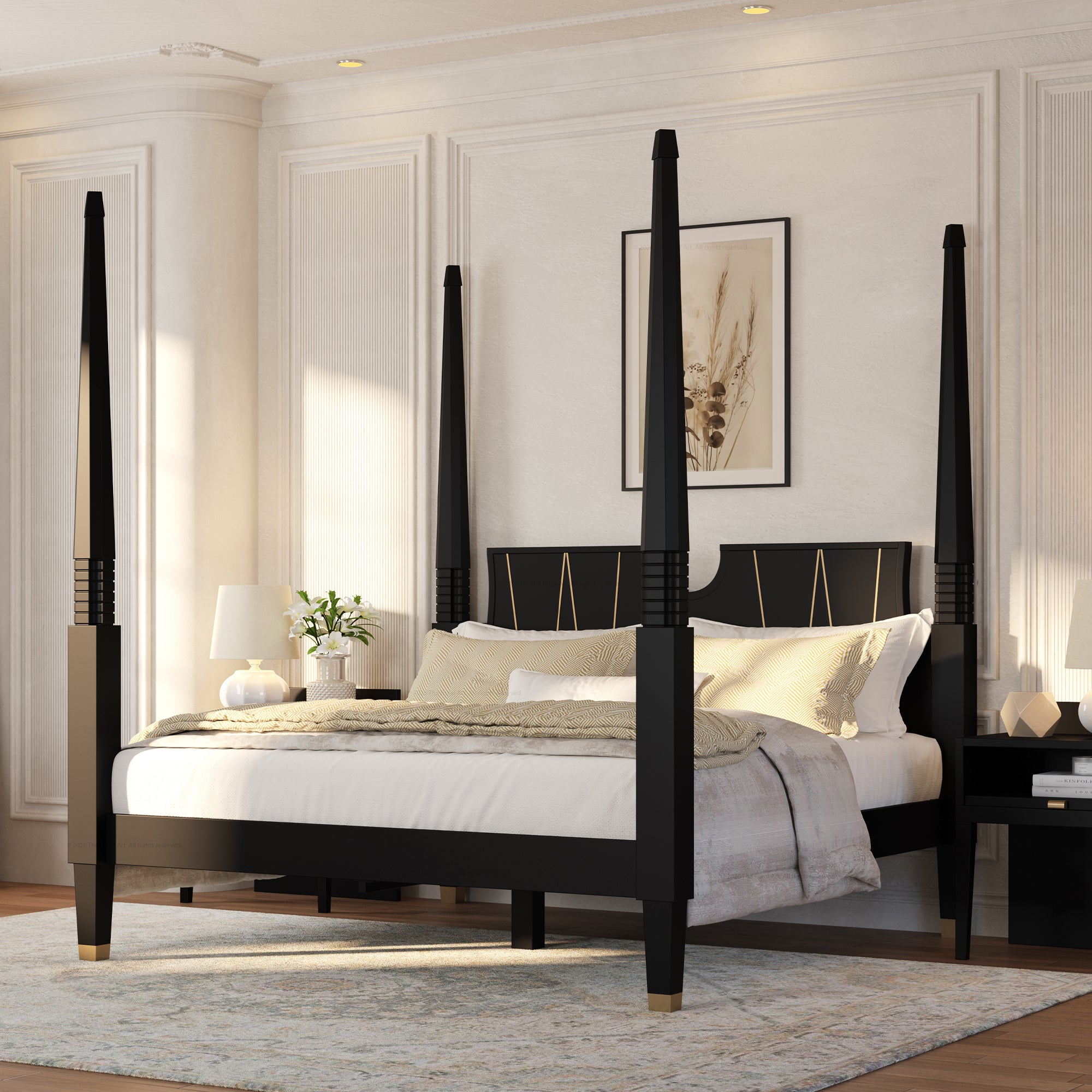 Troy Solid Wood Four Poster Bed with Brass Detailing