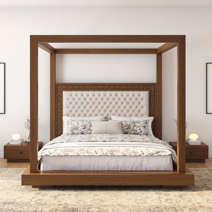 Sheffield Solid Wood Canopy Bed with Upholstered Tufted Headboard &amp; Hand-Carved Frame