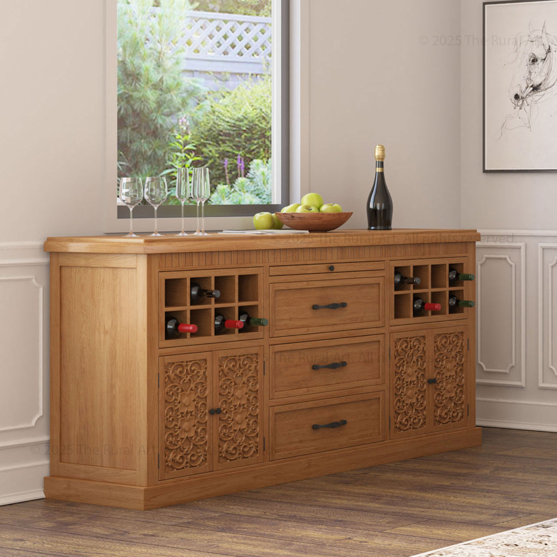 Jackson Solid Wood Sideboard Buffet with Hand-Carved Detailing &amp; Wine Storage