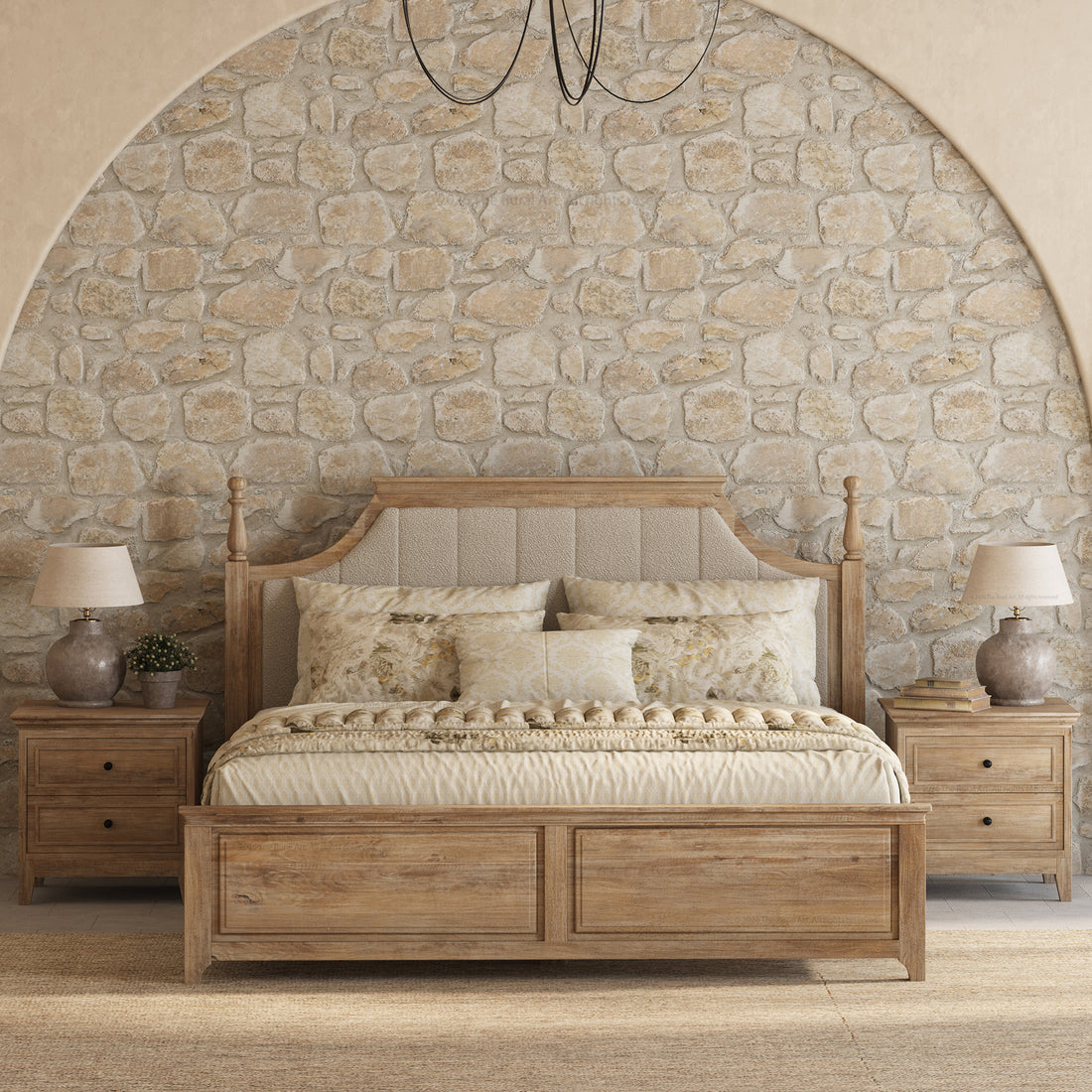 Anniston Solid Wood Bed and Nightstand Set with Upholstered Headboard