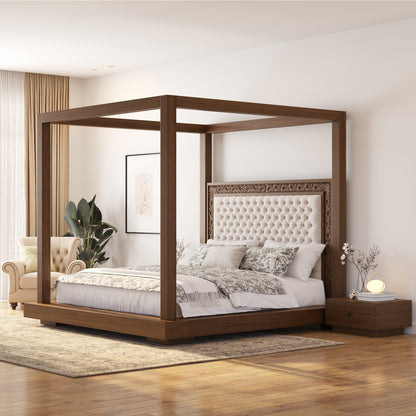 Sheffield Solid Wood Canopy Bed with Upholstered Tufted Headboard &amp; Hand-Carved Frame