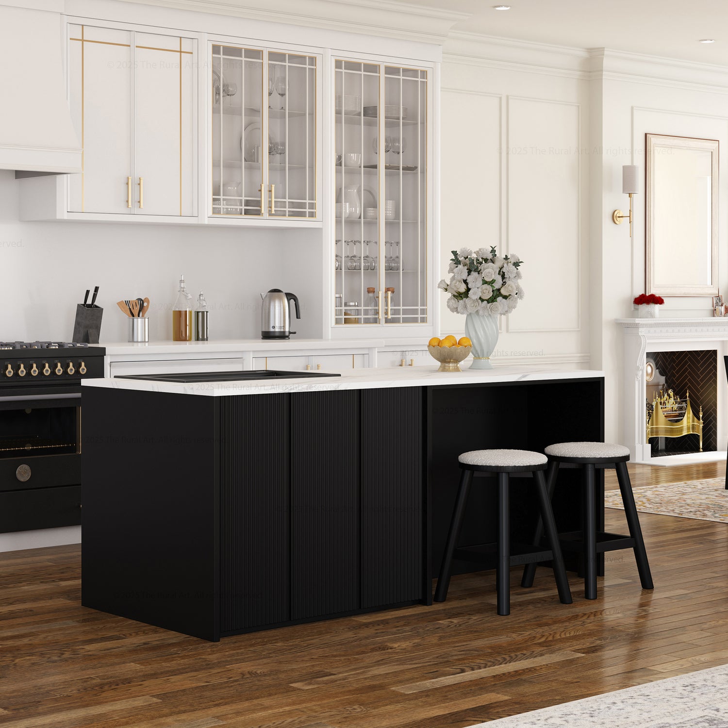 Sonoma Fluted 84&quot; Kitchen Island with Sink Cut-Out &amp; Matching Stools