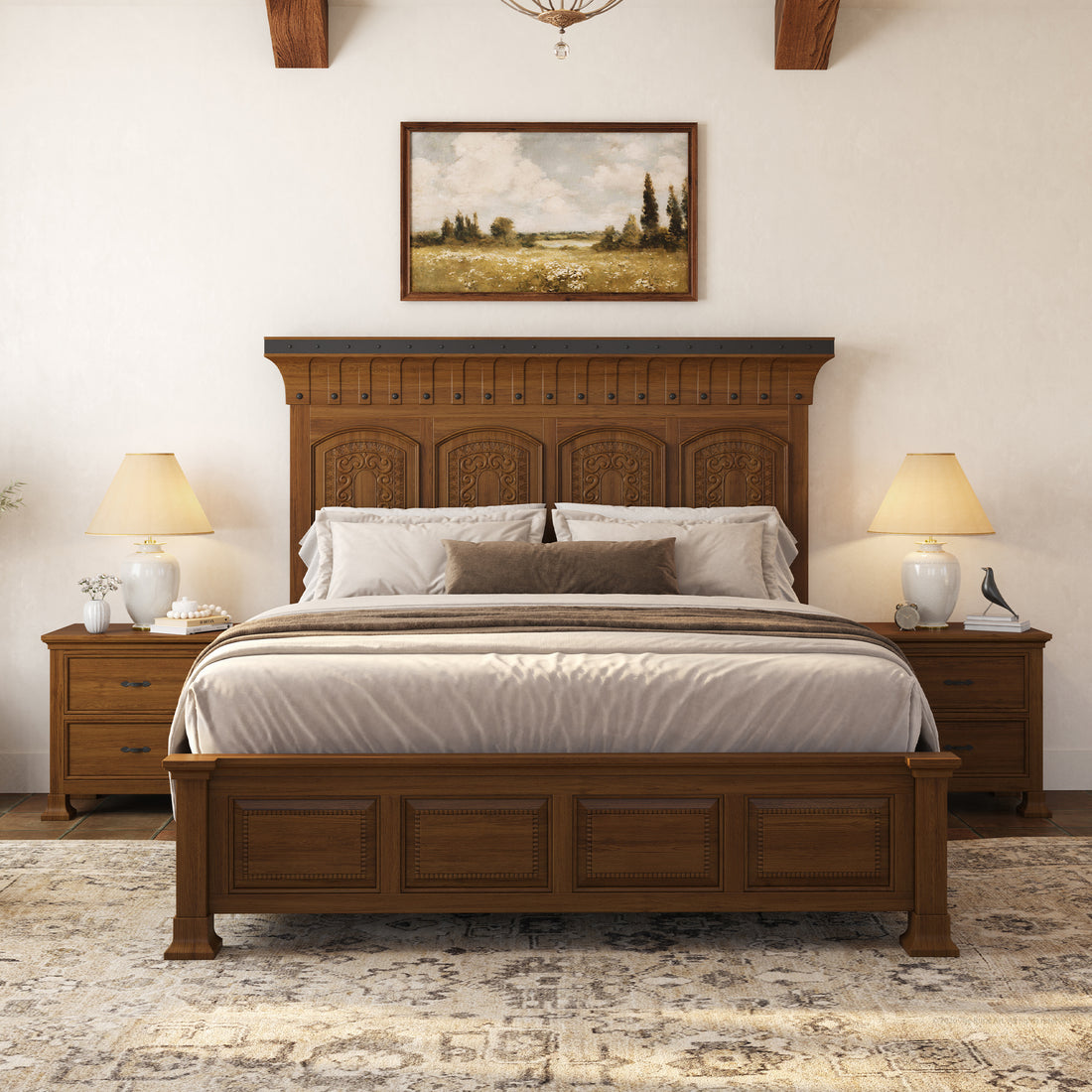 Prescott Grand Heritage Solid Wood Bedroom Set with Hand-Carved Bed & 2 Nightstands
