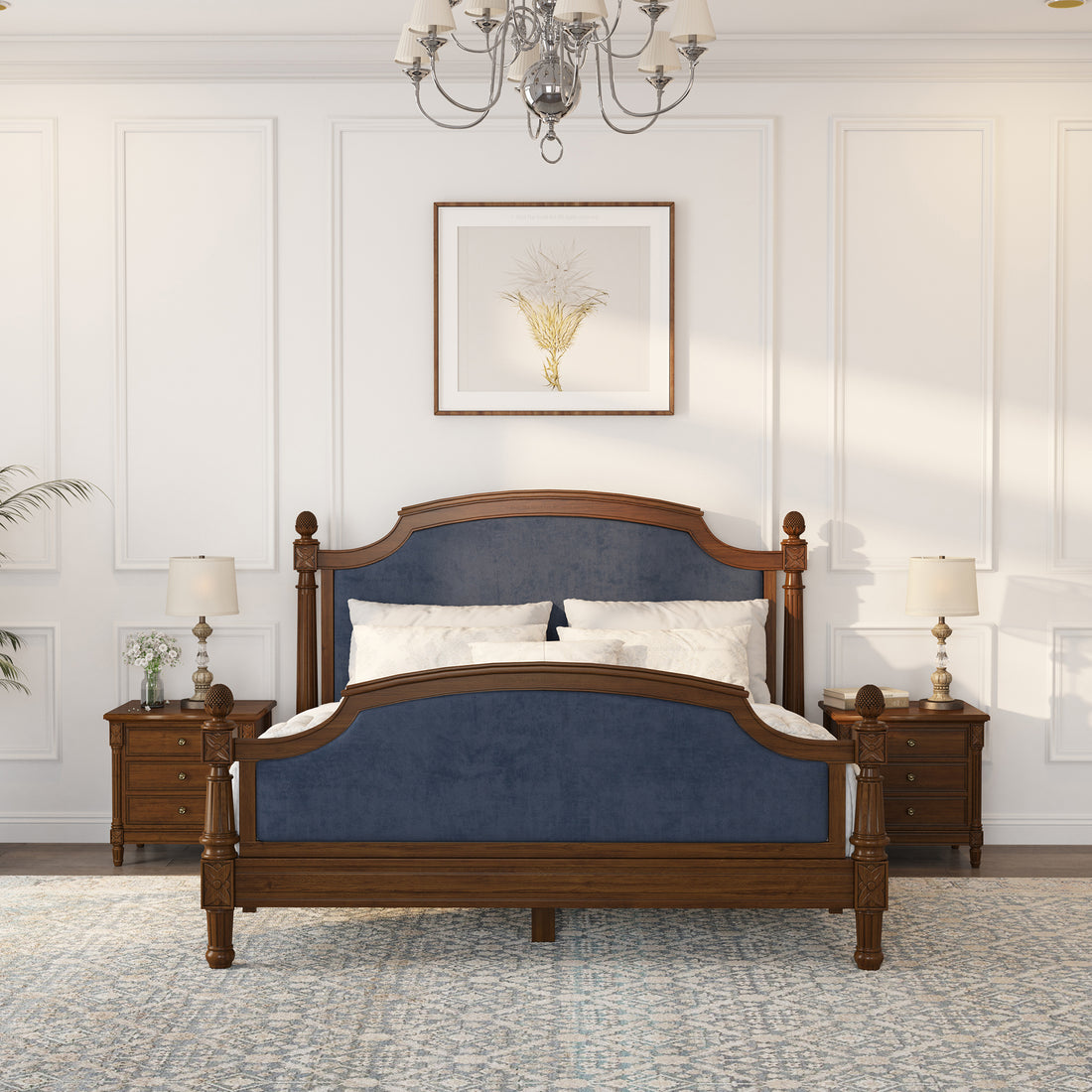 Novato Heritage Solid Wood Bed &amp; 3-Drawer Nightstand Set with Upholstered Panels and Carved Detailing