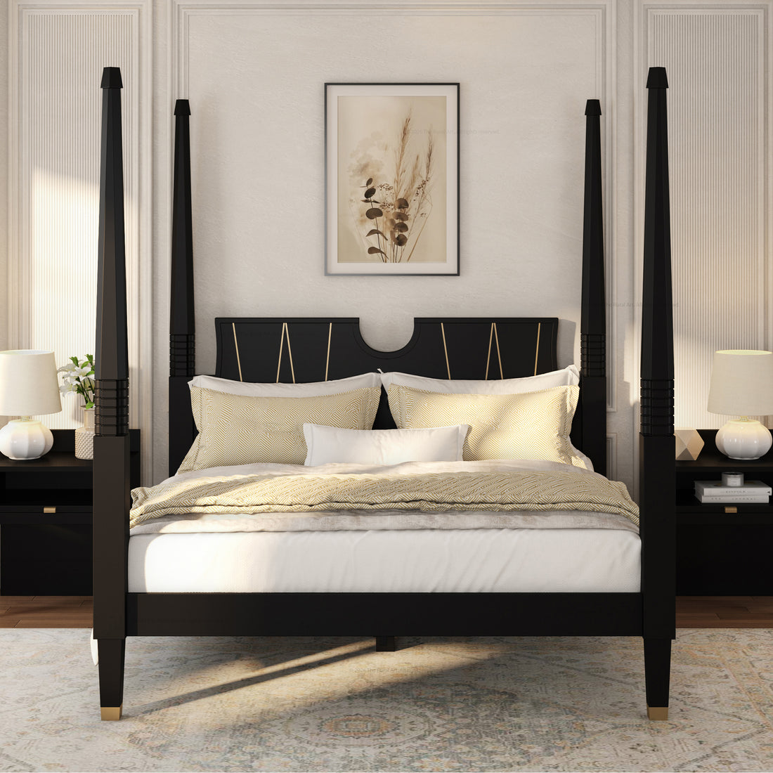 Troy Solid Wood Four Poster Bed with Brass Detailing