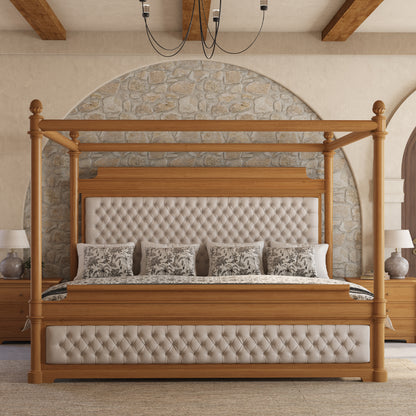 Abilene Four Poster Canopy Solid Wood Bed with Tufted Upholstered Headboard &amp; Footboard