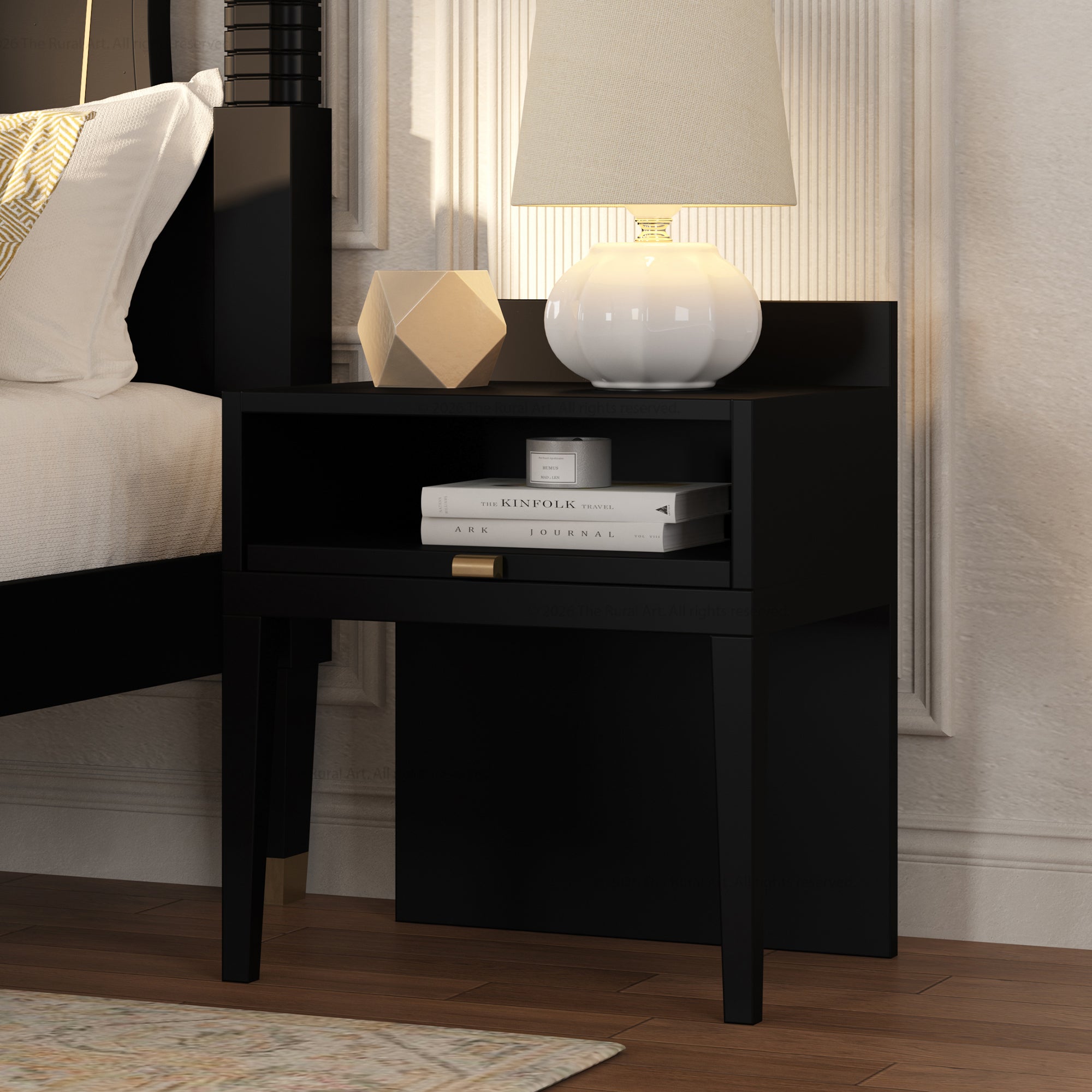Troy Noir Solid Wood  Nightstand with Tapered Legs &amp; Raised Back Panel