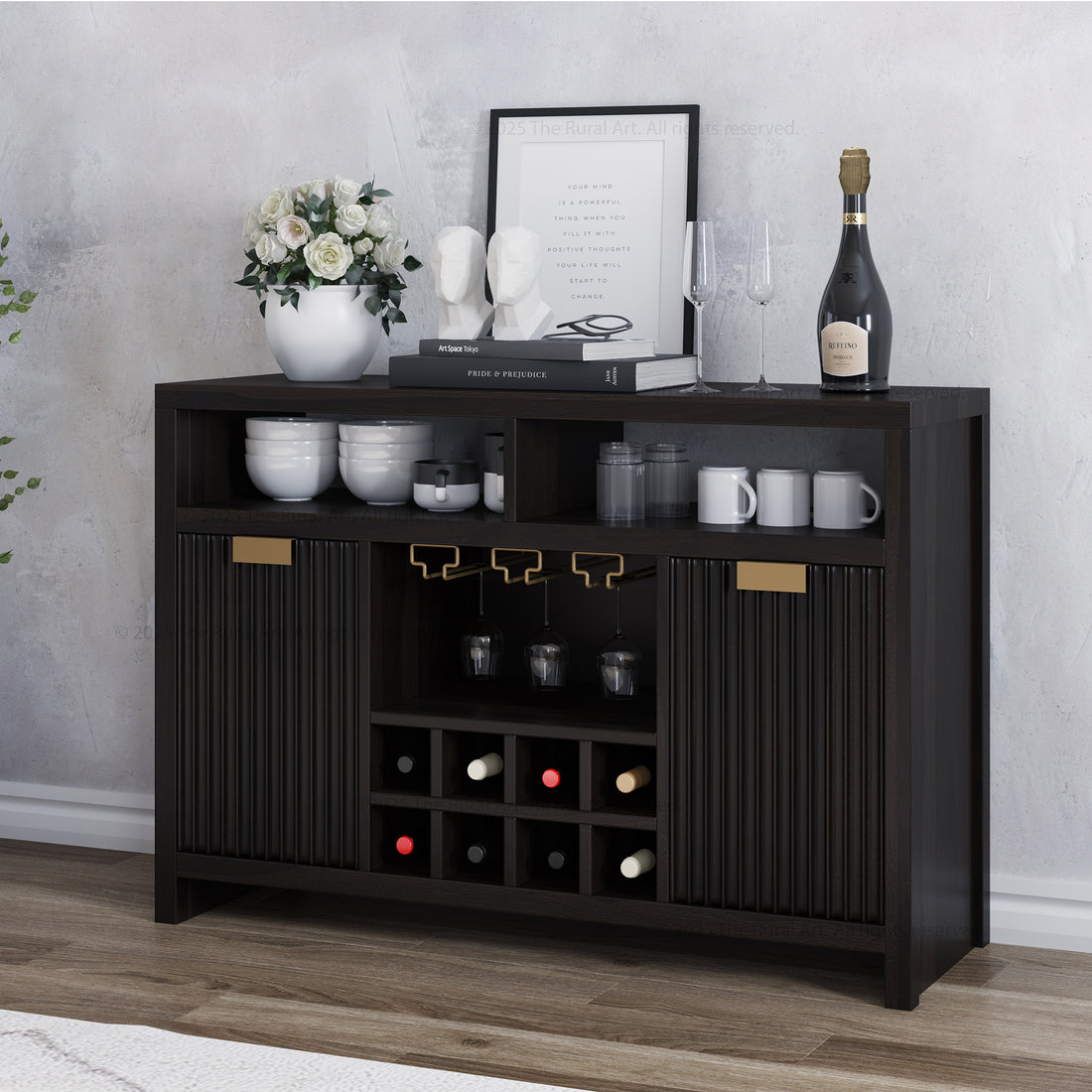 Somerset Black Wine Bar Cabinet | Solid Wood Sideboard with Glass Rack &amp; Bottle Storage
