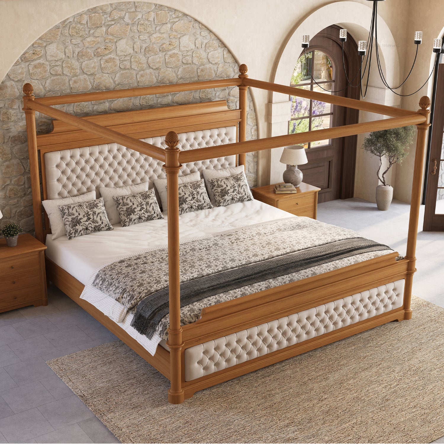 Abilene Four Poster Canopy Solid Wood Bed with Tufted Upholstered Headboard &amp; Footboard
