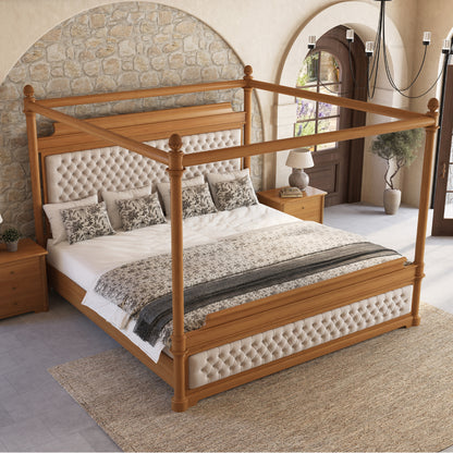 Abilene Four Poster Canopy Solid Wood Bed with Tufted Upholstered Headboard &amp; Footboard