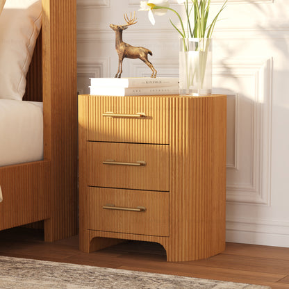 Bartow Fluted Solid Teak Wood Nightstand with 3 Drawers