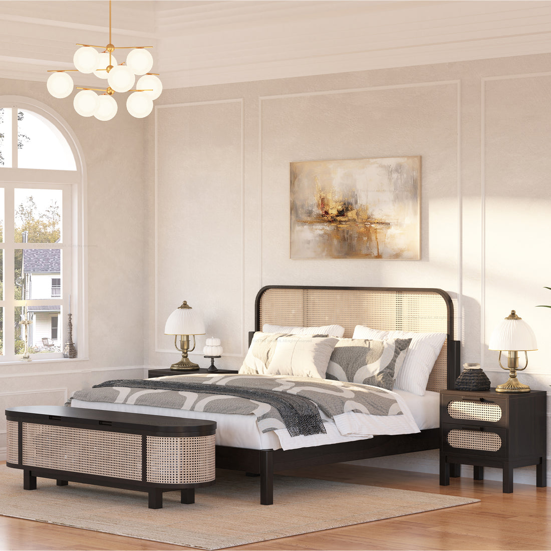 Davis 6 Pc Platform Bed Set Made of Solid Wood & Cane