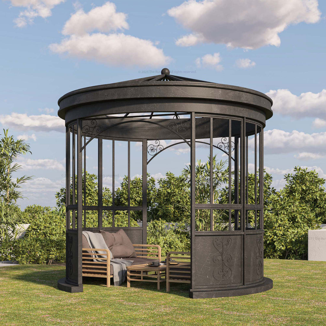 Black metal gazebo with outdoor furniture on a grassy area with trees and blue sky in the background
