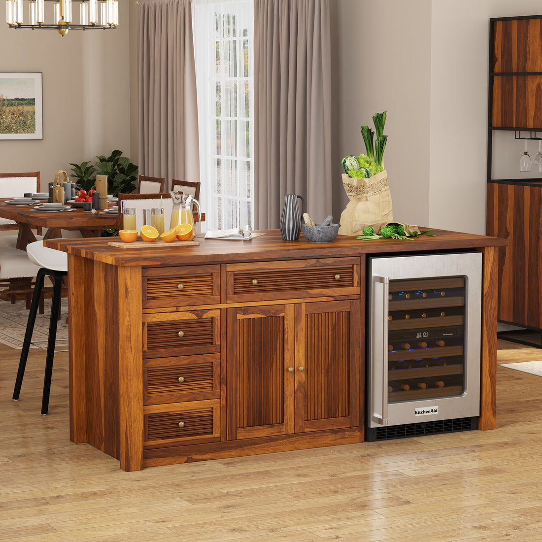 Tuscumbia Solid Wood Kitchen Island with Wine Refrigerator Space &amp; Drop Leaf