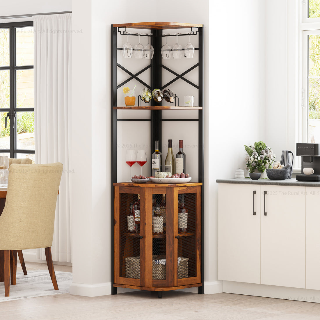 Jasper Solid Wood Corner Wine Bar Cabinet with Glass Rack &amp; Storage