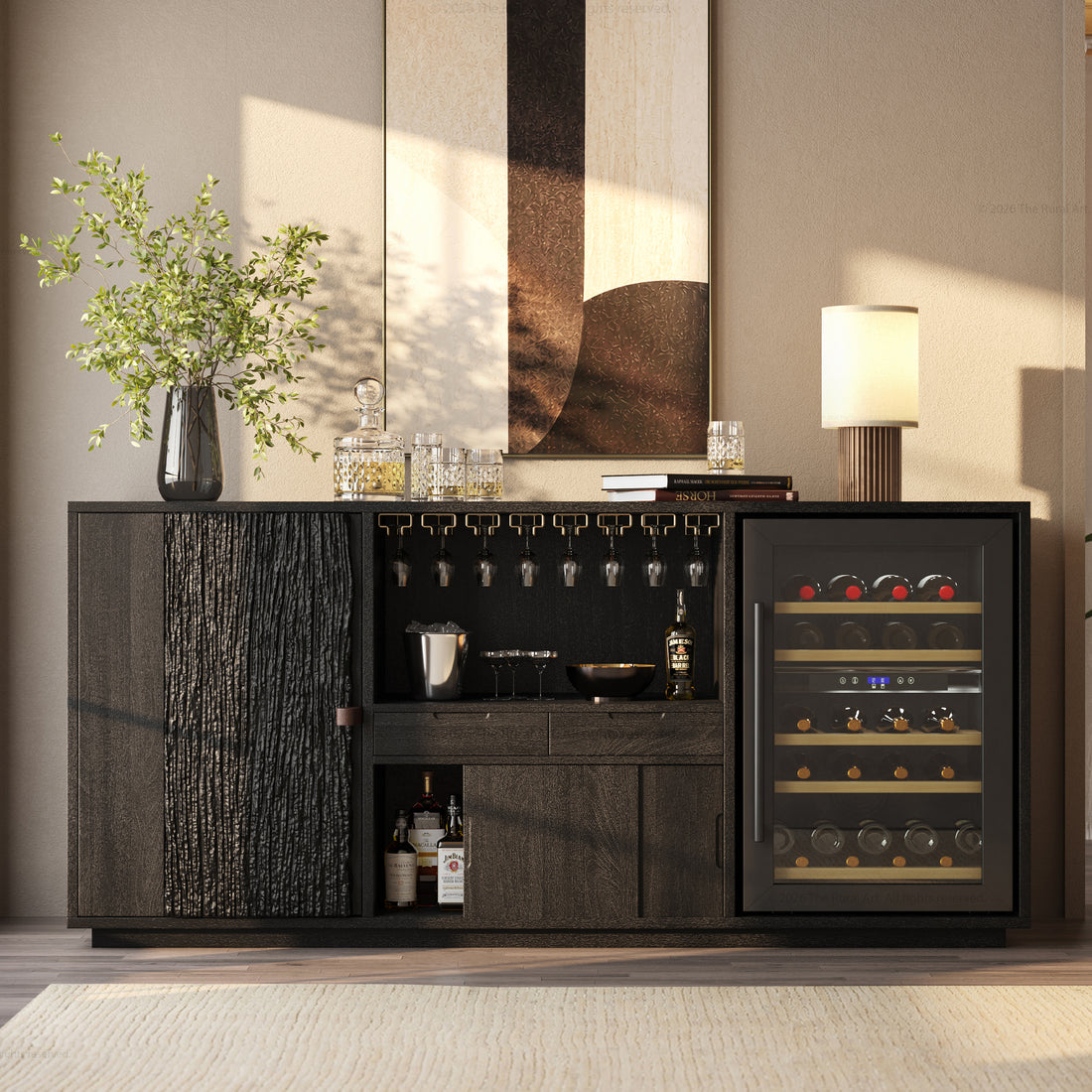 Myers Modern Black Bar Cabinet with Mini Fridge Space &amp; Leather Strap Door