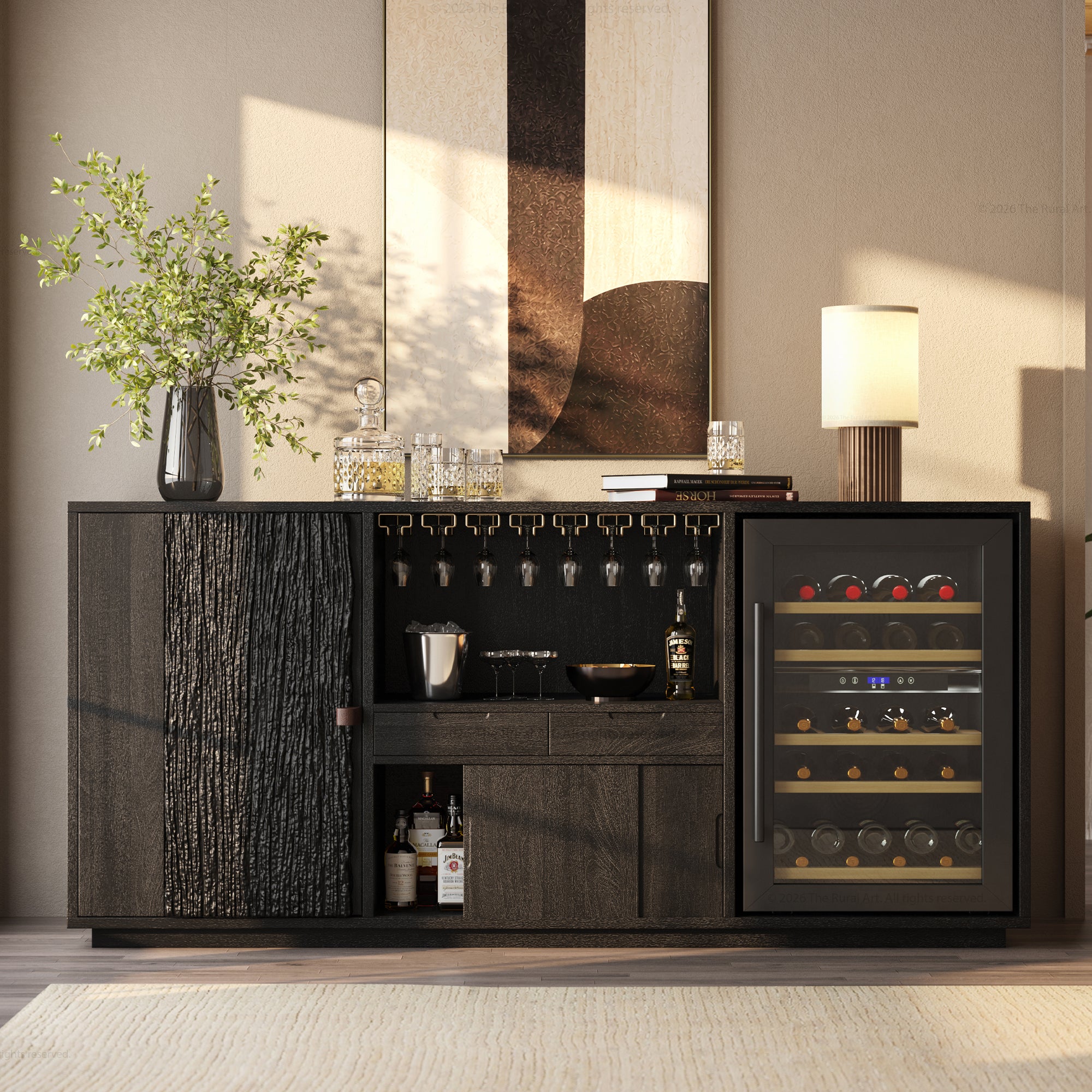 Myers Modern Black Bar Cabinet with Mini Fridge Space &amp; Leather Strap Door