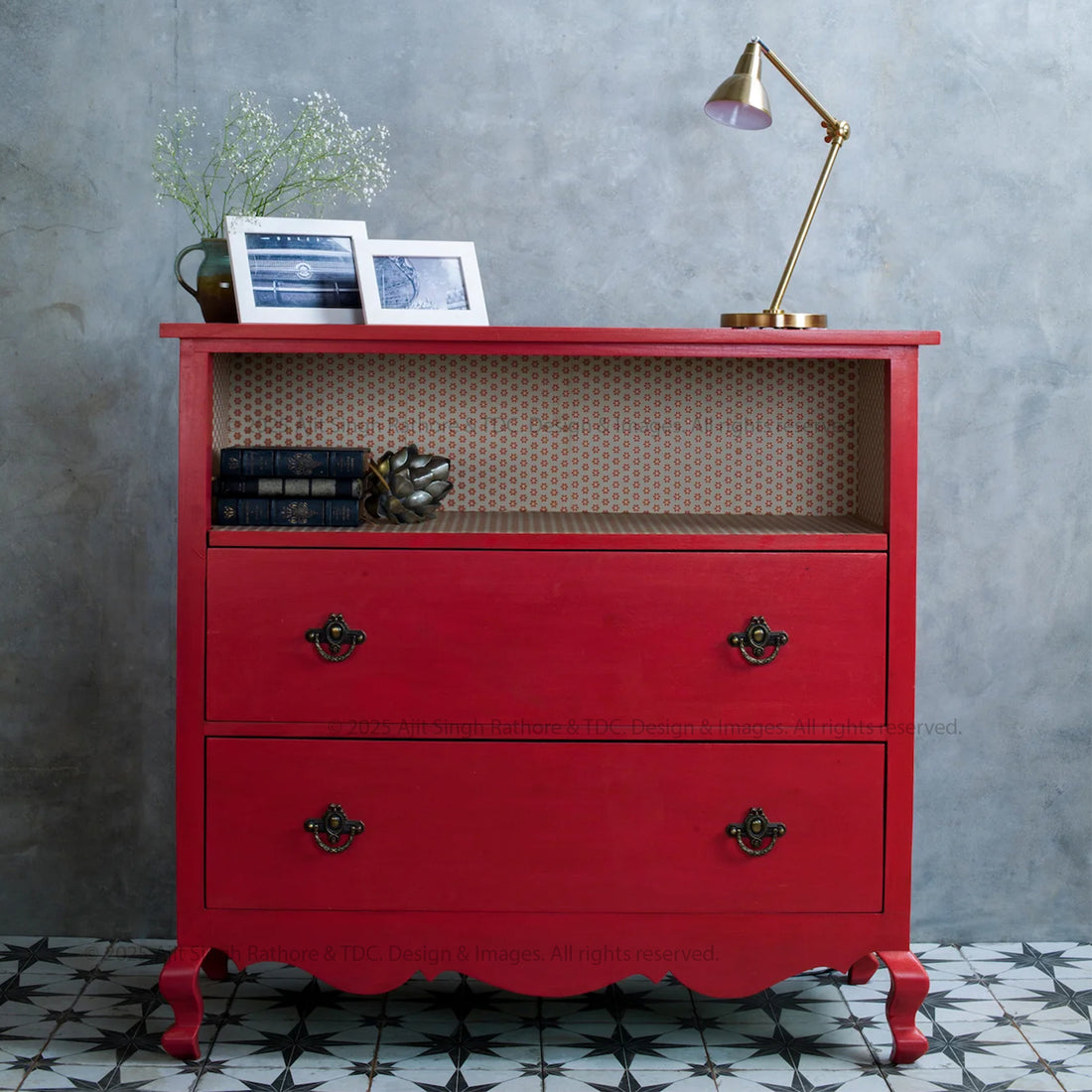 Schenectady Vintage Red Solid Wood Dresser with Open Shelves