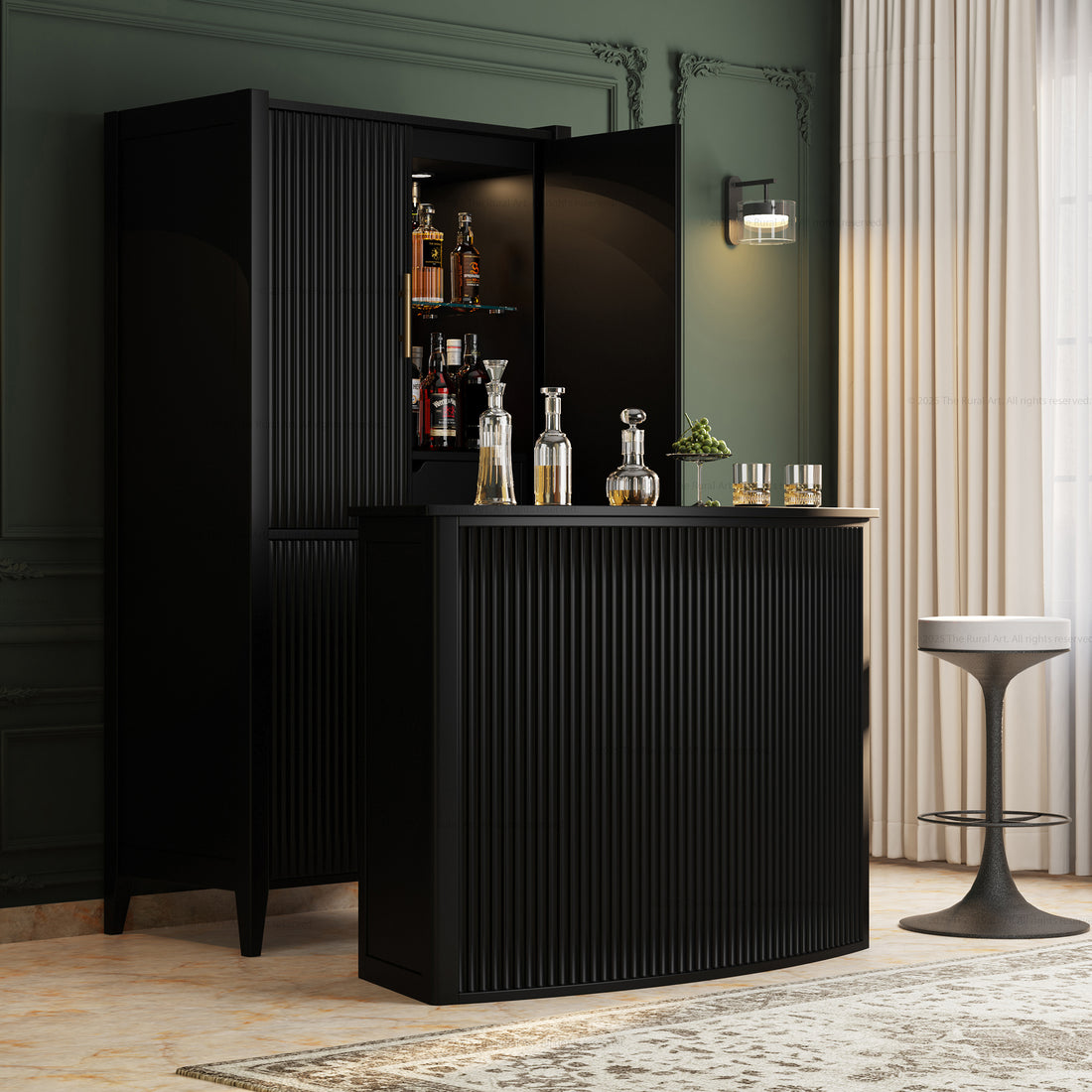 Monarch Solid Wood Wine Bar Cabinet &amp; Counter Set with Glass-Back Display