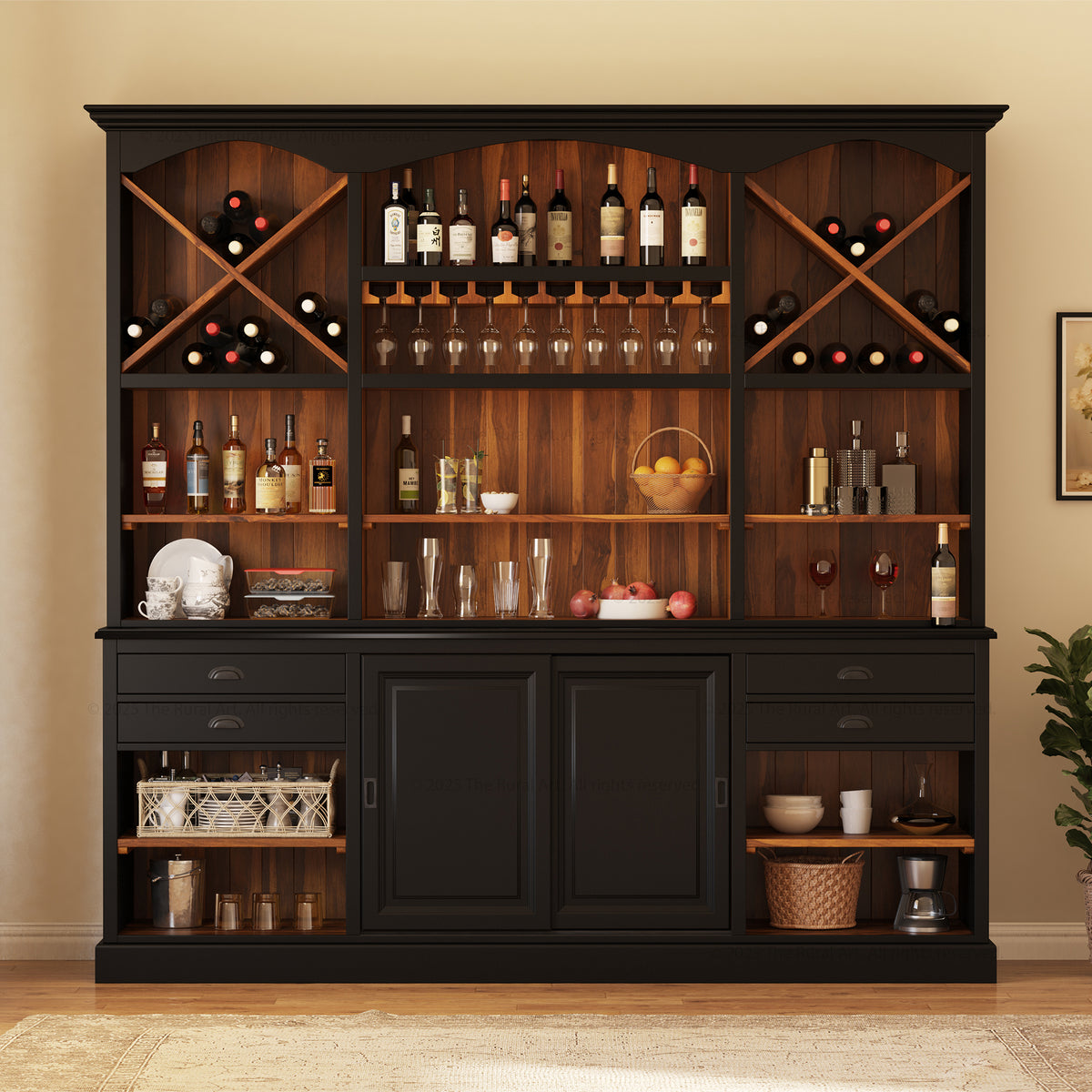 Lancaster Solid Wood Hutch Bar Cabinet with Wine Racks & Glass Storage