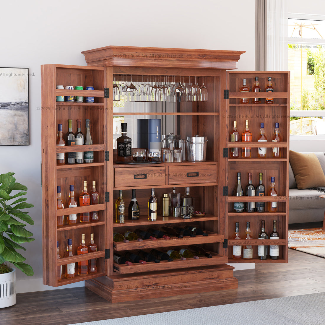 Melinda Solid Wood Bar Cabinet with Storage &amp; Wine Rack