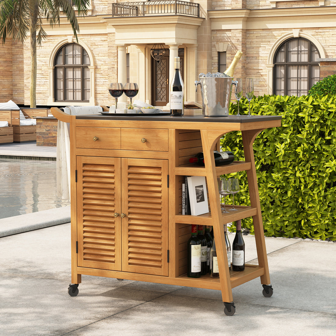 Ketchikan Solid Wood Outdoor Wine Cart with Storage &amp; Serving Shelves